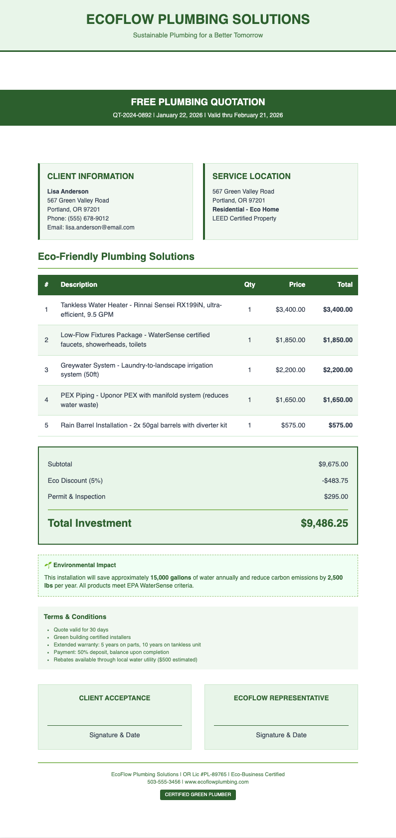 Clean green plumbing quotation